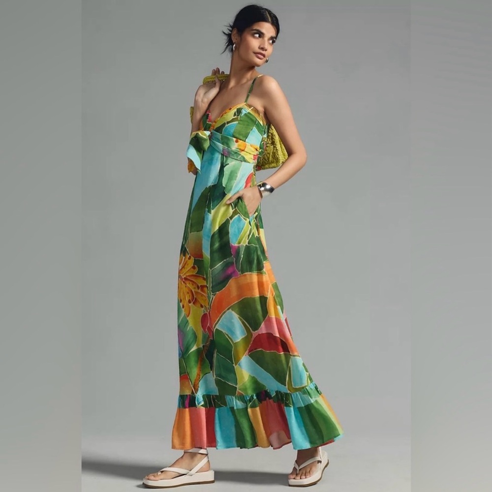 Farm Rio Tie-Waist Printed Maxi Dress Size Small Ruffle Hem Tropical Print